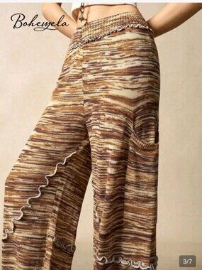 NWOT Ribbed Wide-Leg Knit Pants in Brown Stripe